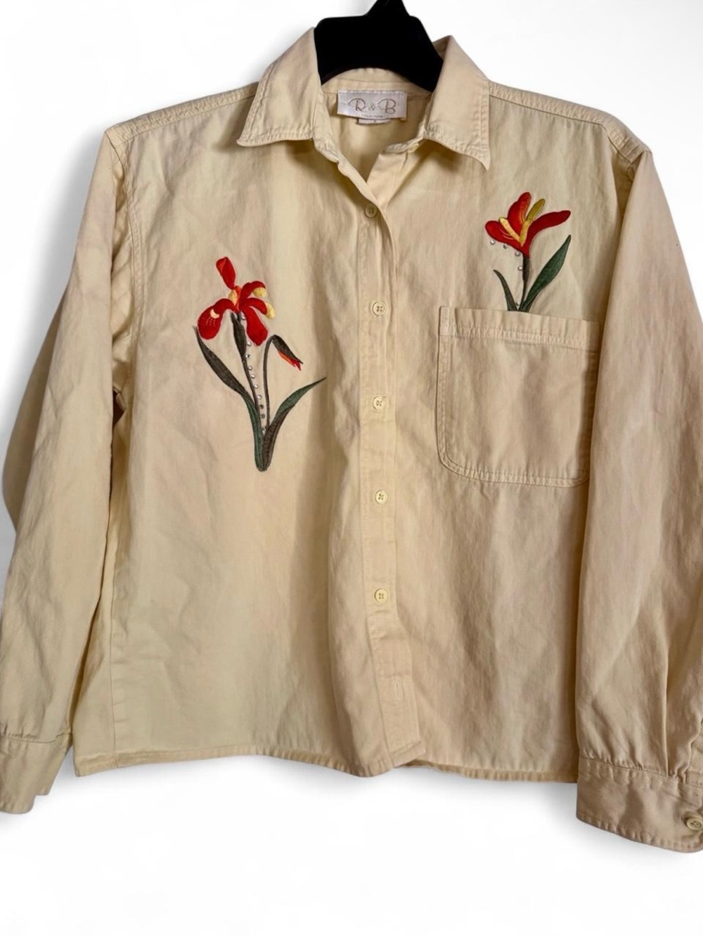 Vintage yellow Button-Up Shirt with Red Floral Embroidery
